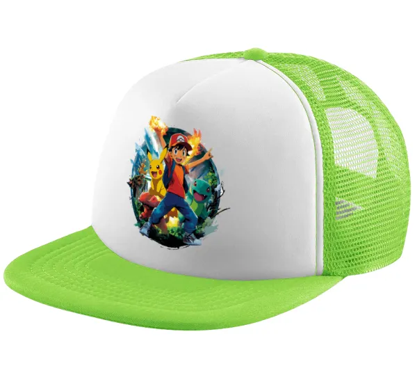 Ash Ketchum & Pikachu — Child's Soft Trucker Hat with Green/White Mesh (POLYESTER, CHILDREN'S, ONE SIZE)