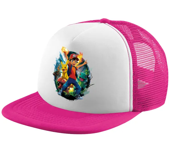 Ash Ketchum & Pikachu — Καπέλο Ενηλίκων Soft Trucker με Δίχτυ Pink/White (POLYESTER, ΕΝΗΛΙΚΩΝ, UNISEX, ONE SIZE)