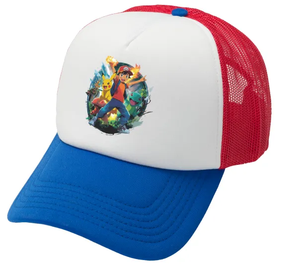 Ash Ketchum & Pikachu — Adult Soft Trucker Hat with Red/Blue/White Mesh (POLYESTER, ADULT, UNISEX, ONE SIZE)