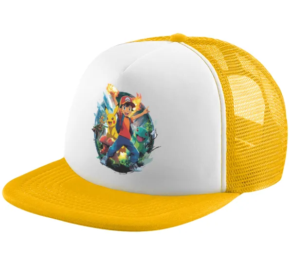 Ash Ketchum & Pikachu — Adult Soft Trucker Hat with Yellow/White Mesh (POLYESTER, ADULT, UNISEX, ONE SIZE)