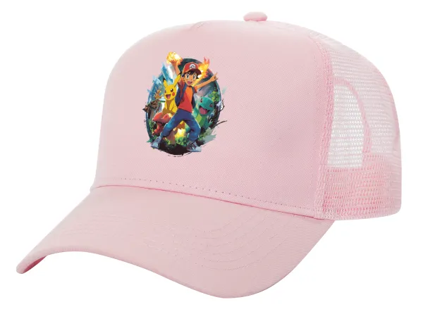Ash Ketchum & Pikachu — Adult Structured Trucker Hat, with Mesh, PINK (100% COTTON, ADULT, UNISEX, ONE SIZE)
