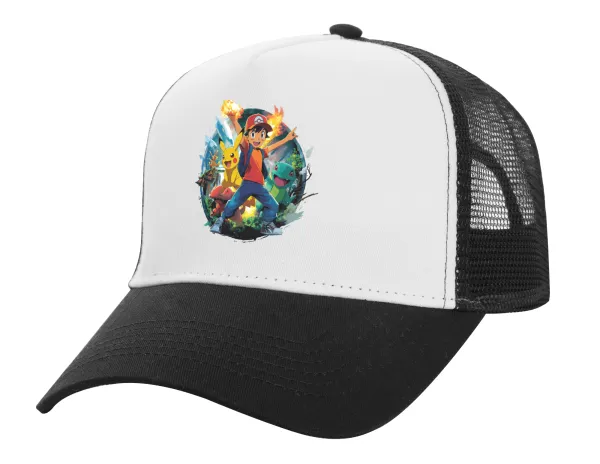 Ash Ketchum & Pikachu — Adult Structured Trucker Hat, with Mesh, WHITE/BLACK (100% COTTON, ADULT, UNISEX, ONE SIZE)
