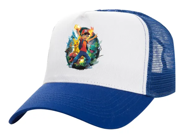 Ash Ketchum & Pikachu — Adult Structured Trucker Hat, with Mesh, WHITE/BLUE (100% COTTON, ADULT, UNISEX, ONE SIZE)