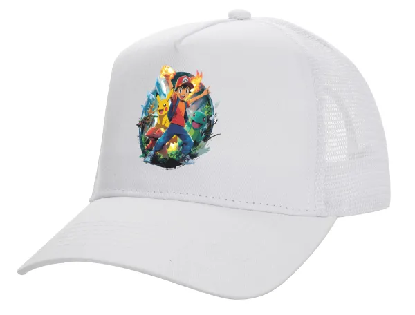 Ash Ketchum & Pikachu — Structured Trucker Adult Hat, with Mesh, WHITE (100% COTTON, ADULT, UNISEX, ONE SIZE)