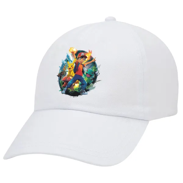 Ash Ketchum & Pikachu — Adult Baseball Cap White 5-panel (POLYESTER, ADULT, UNISEX, ONE SIZE)