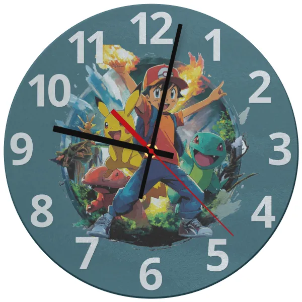 Ash Ketchum & Pikachu — Glass wall clock (30cm)