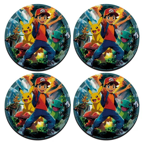 Ash Ketchum & Pikachu — ΣΕΤ 4 Σουβέρ ξύλινα στρογγυλά (9cm)