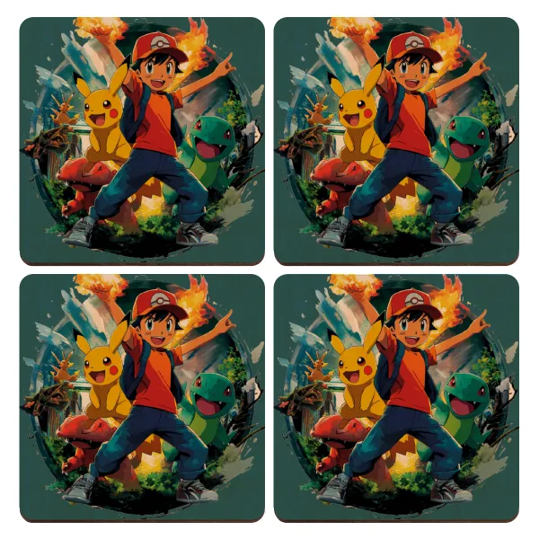 Ash Ketchum & Pikachu — Set of 4 square plywood coasters (9cm)