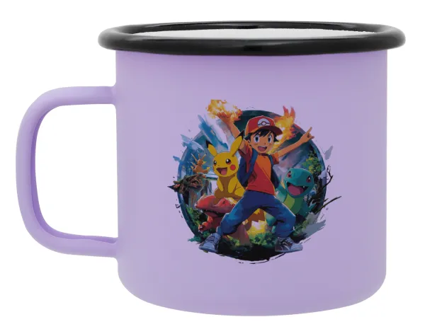 Ash Ketchum & Pikachu — Metal enamel mug, matte light pastel purple, 360ml