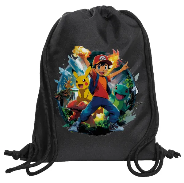 Ash Ketchum & Pikachu — Τσάντα πλάτης πουγκί GYMBAG Μαύρη, με τσέπη (40x48cm) & χονδρά κορδόνια