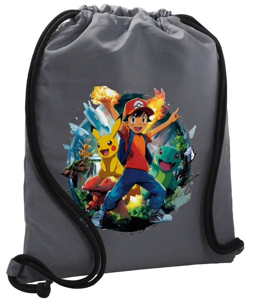 Ash Ketchum & Pikachu — Τσάντα πλάτης πουγκί GYMBAG ΓΚΡΙ, με τσέπη (40x48cm) & χονδρά κορδόνια