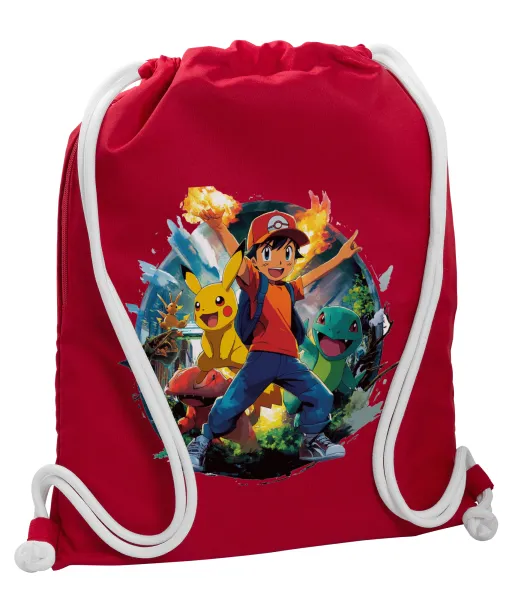 Ash Ketchum & Pikachu — Backpack pouch GYMBAG Red, with pocket (40x48cm) & thick cords