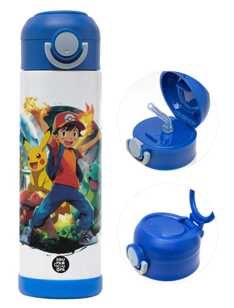 Ash Ketchum & Pikachu — Children's hot water bottle, stainless steel, with safety straw, BLUE (500ml)