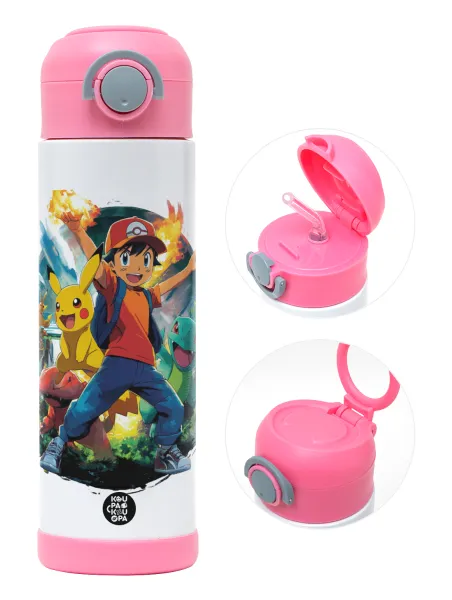 Ash Ketchum & Pikachu — Children's hot water bottle, stainless steel, with safety straw, PINK (500ml)