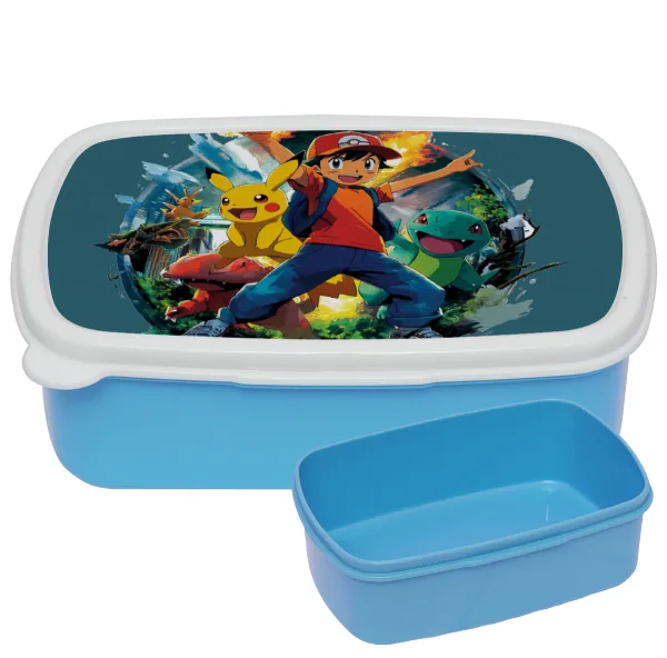 Ash Ketchum & Pikachu — BLUE kids' plastic lunch box (BPA-free), L18 x W13 x H6cm