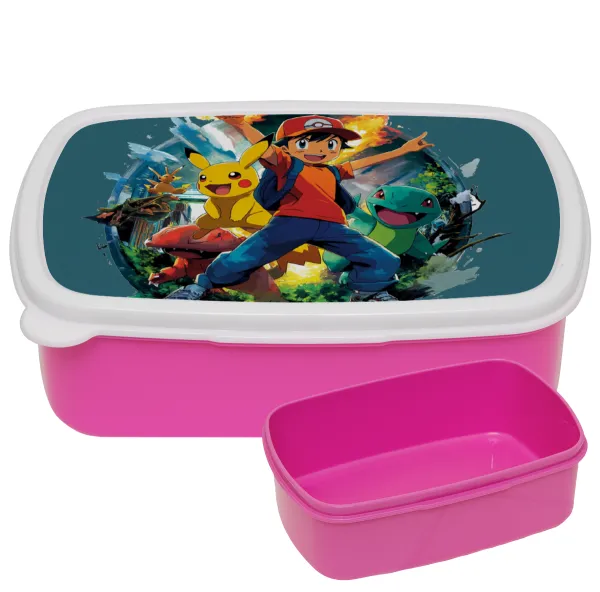 Ash Ketchum & Pikachu — PINK kids' plastic lunch box (BPA-free), L18 x W13 x H6cm