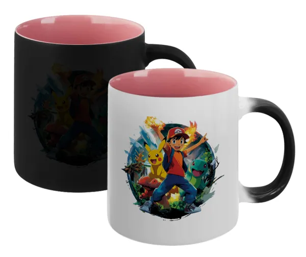 Ash Ketchum & Pikachu — Magic mug with pink interior, ceramic, 330ml, changes colour with hot drinks