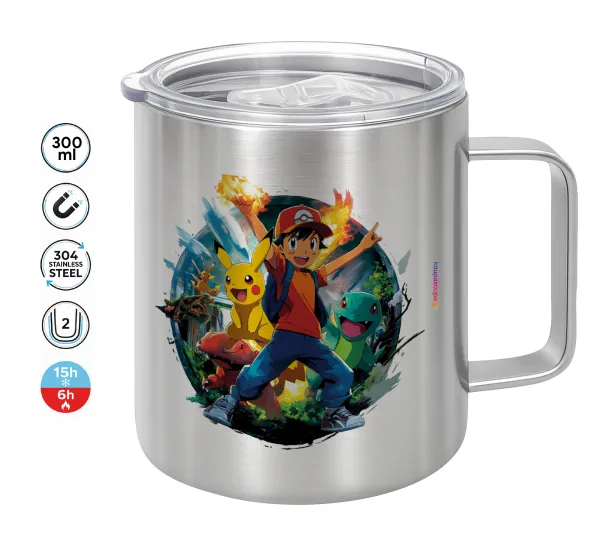 Ash Ketchum & Pikachu — Κούπα Ανοξείδωτη διπλού τοιχώματος 300ml με καπάκι διατήρησης θερμοκρασίας