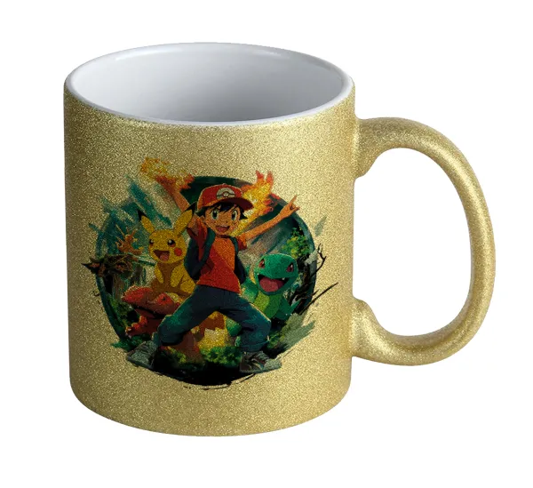 Ash Ketchum & Pikachu — Gold glitter mug that sparkles, ceramic, 330ml