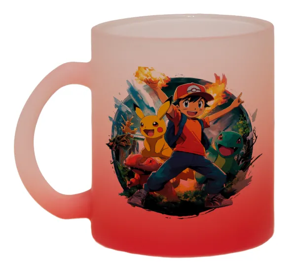 Ash Ketchum & Pikachu — Two-tone glass mug with matte red base, 330ml