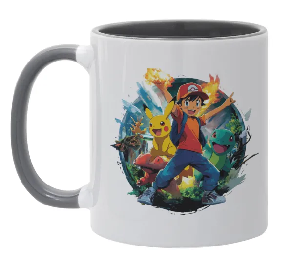 Ash Ketchum & Pikachu — Κούπα χρωματιστή γκρι, κεραμική, 330ml