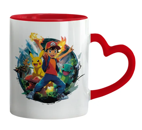 Ash Ketchum & Pikachu — Mug heart red handle, ceramic, 330ml