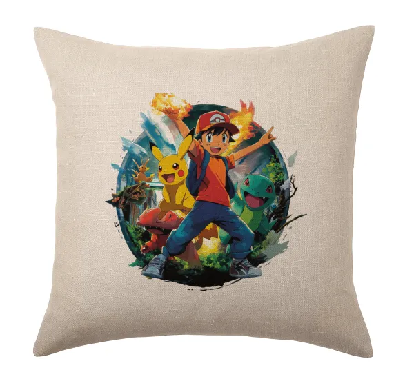 Ash Ketchum & Pikachu — Linen sofa cushion, 40x40cm, filling included
