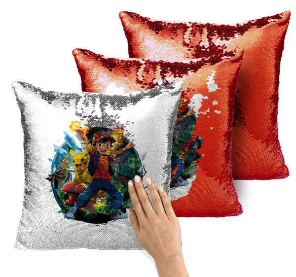 Ash Ketchum & Pikachu — Magic sofa cushion with red sequins, 40x40cm, filling included