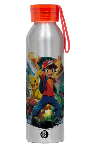 Ash Ketchum & Pikachu — Aluminum Sports Bottle 650ml – Silver with Red Cap and Silicone Strap