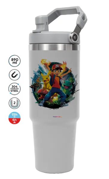 Ash Ketchum & Pikachu — ΓΚΡΙ Travel Tumbler Θερμός με χερούλι και καλαμάκι 890ml