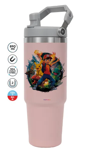 Ash Ketchum & Pikachu — ΡΟΖ Travel Tumbler Θερμός με χερούλι και καλαμάκι 890ml