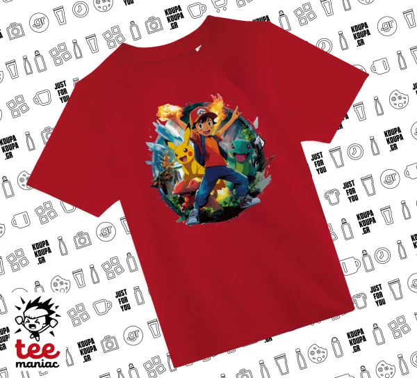 Ash Ketchum & Pikachu — RED childrens T-Shirt made of 100% cotton, for every day. Vegan & OEKO-TEX certified.