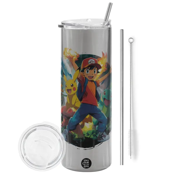 Ash Ketchum & Pikachu — Tumbler stainless steel Silver 600ml, with metal straw & cleaning brush