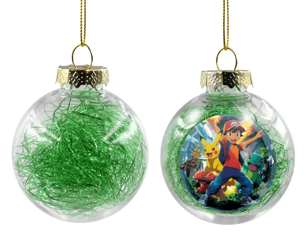 Ash Ketchum & Pikachu — Transparent Christmas tree ball ornament with green filling 8cm