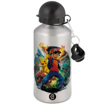 Ash Ketchum & Pikachu, Μεταλλικό παγούρι νερού, Ασημένιο, αλουμινίου 500ml