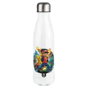 Ash Ketchum & Pikachu, Μεταλλικό παγούρι θερμός Λευκό (Stainless steel), διπλού τοιχώματος, 500ml