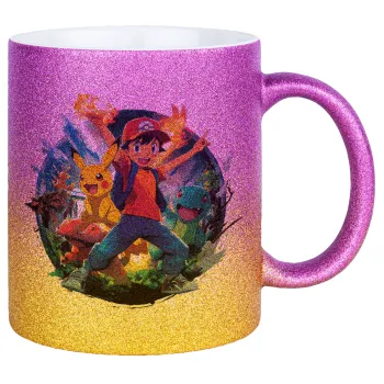 Ash Ketchum & Pikachu, Κούπα Χρυσή/Ροζ Glitter, κεραμική, 330ml