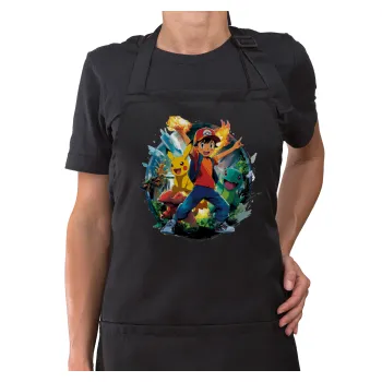 Ash Ketchum & Pikachu, Ποδιά μακριά Σεφ ολόσωμη με τσέπες Μαύρη (ΕΝΗΛΙΚΩΝ)