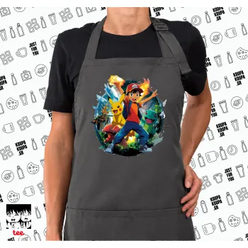 Ash Ketchum & Pikachu, Ποδιά μακριά Σεφ ολόσωμη με τσέπες GREY (ΕΝΗΛΙΚΩΝ)