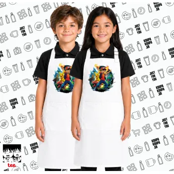 Ash Ketchum & Pikachu, Λευκή ΠΑΙΔΙΚΗ Ποδιά μακριά Σεφ ολόσωμη με τσέπες