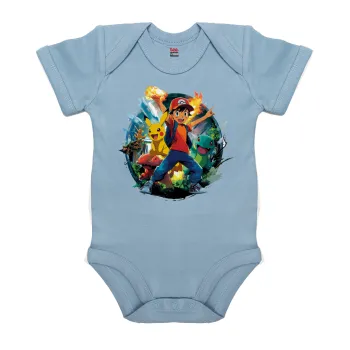 Ash Ketchum & Pikachu, Βρεφικό φορμάκι μωρού, 0-18 μηνών, Μπλε, 100% Organic Cotton, κοντομάνικο