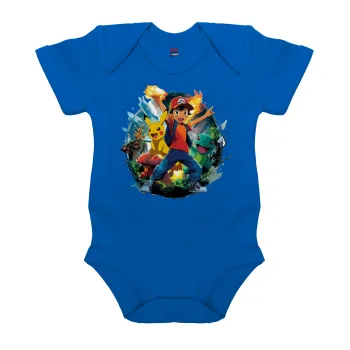 Ash Ketchum & Pikachu, Βρεφικό φορμάκι μωρού, Μπλε Κοβαλτίου, 100% Organic Cotton, κοντομάνικο