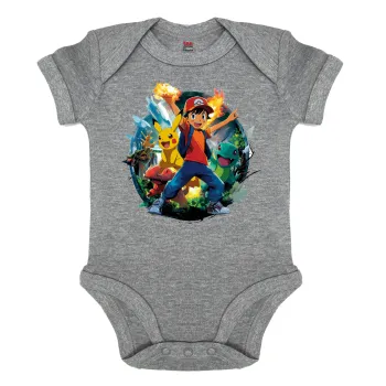 Ash Ketchum & Pikachu, Βρεφικό φορμάκι μωρού, 0-18 μηνών, ΓΚΡΙ ΜΕΛΑΝΖΕ, 100% Organic Cotton, κοντομάνικο