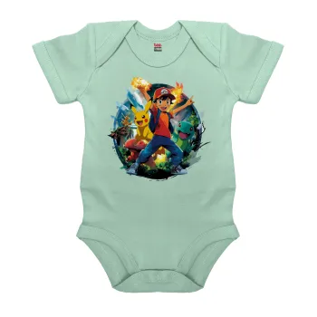 Ash Ketchum & Pikachu, Βρεφικό φορμάκι μωρού, 0-18 μηνών, mint (Μέντα), 100% Organic Cotton, κοντομάνικο