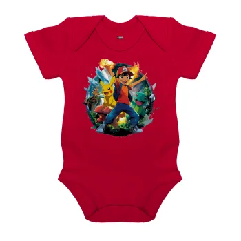 Ash Ketchum & Pikachu, Βρεφικό φορμάκι μωρού, ΚΟΚΚΙΝΟ, 100% Organic Cotton, κοντομάνικο