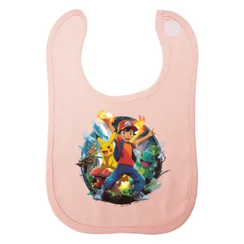 Ash Ketchum & Pikachu, Σαλιάρα με Σκρατς ΡΟΖ 100% Organic Cotton (0-18 months)