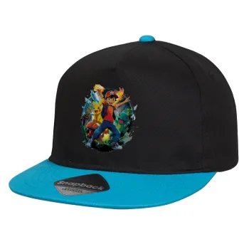 Ash Ketchum & Pikachu, Καπέλο παιδικό Flat Snapback, Μαύρο/Μπλε (100% ΒΑΜΒΑΚΕΡΟ, ΠΑΙΔΙΚΟ, UNISEX, ONE SIZE)