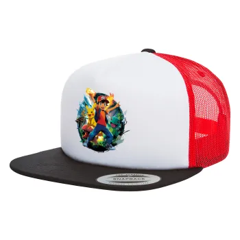 Ash Ketchum & Pikachu, Adult Foam Flat Snapback with Mesh Black-White-Red (POLYESTER, ADULT, UNISEX, ONE SIZE)