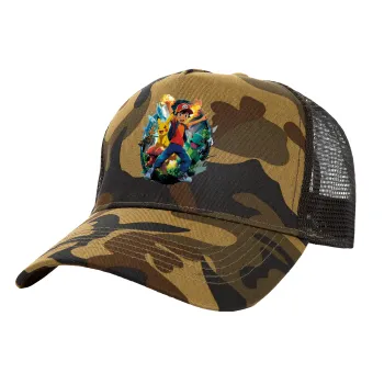 Ash Ketchum & Pikachu, Adult Structured Trucker Hat, with Mesh, (Camouflage) Army (100% COTTON, ADULT, UNISEX, ONE SIZE)