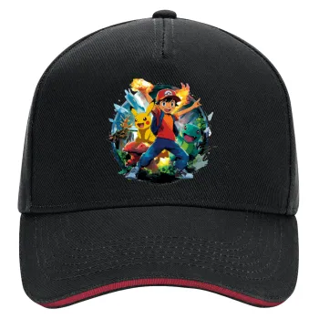 Ash Ketchum & Pikachu, DRILL Adult Ultimate Hat BLACK/RED, (100% COTTON, ADULT, UNISEX, ONE SIZE)